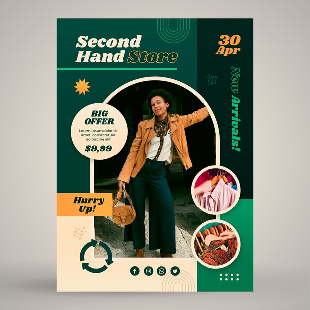 Plantilla de póster vertical para tienda de moda de segunda mano.