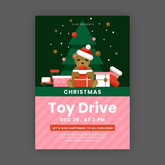 Plantilla de póster vertical de unidad de juguetes de navidad plana