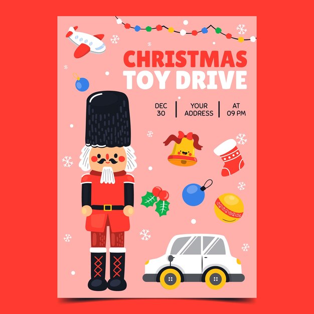 Plantilla de póster vertical de unidad de juguetes de navidad plana