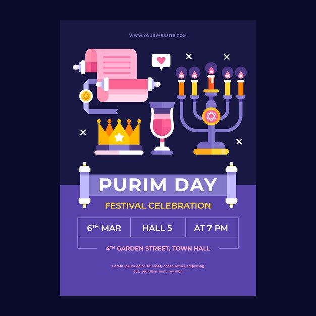 Plantilla de póster vertical de vacaciones planas de purim