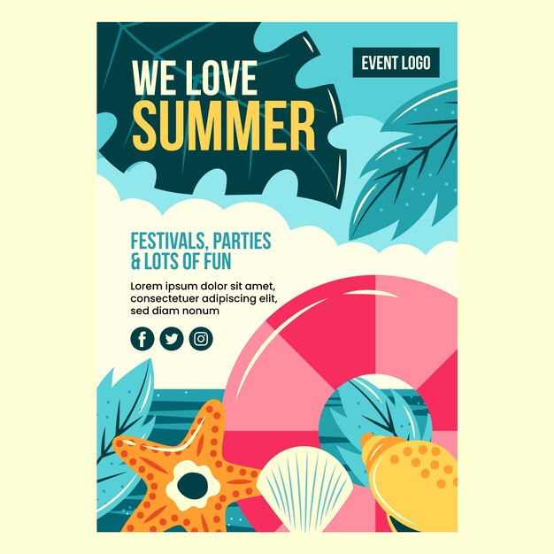 Plantilla de póster vertical de verano plano