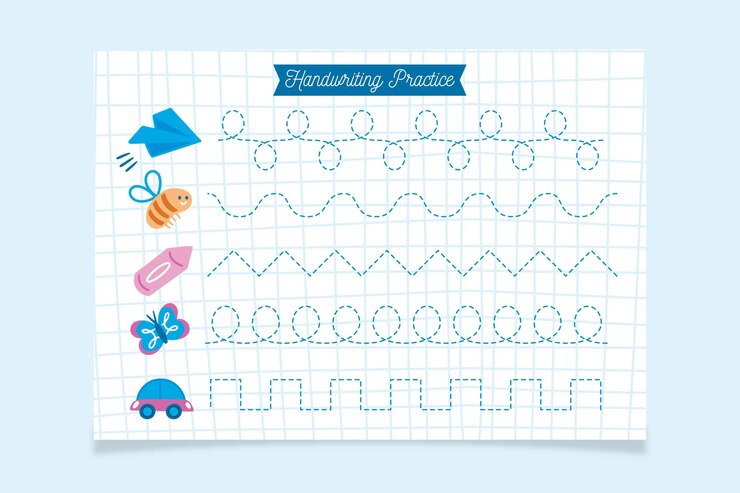 Vector gratuito plantilla de práctica de escritura a mano con diferentes elementos.