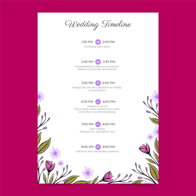 Vector gratuito plantilla de programación de bodas florales