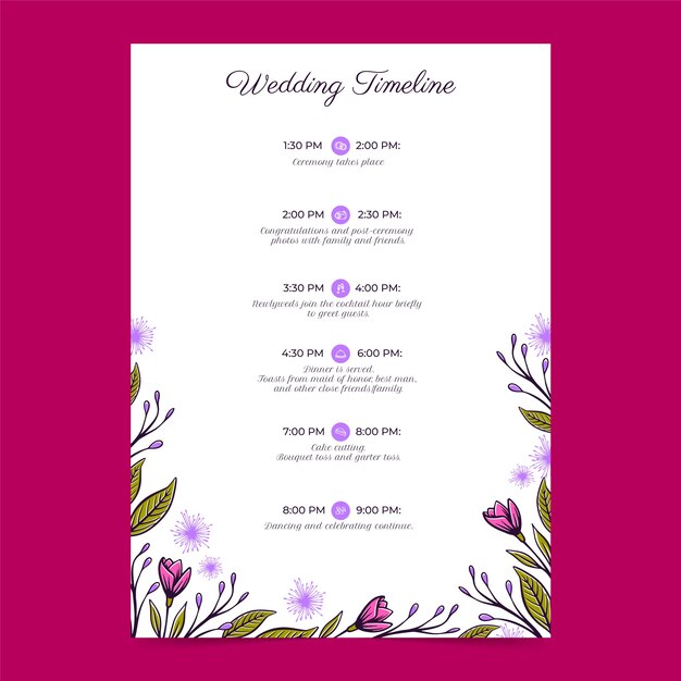 Plantilla de programación de bodas florales