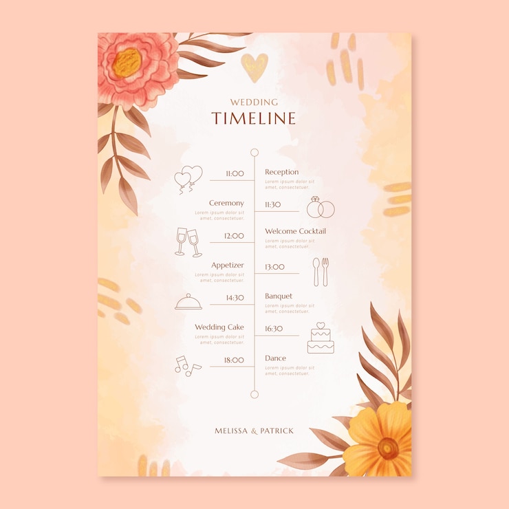 Vector gratuito plantilla de programación del día de la boda en acuarela
