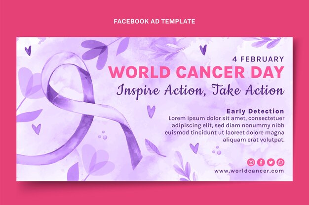 Vector gratuito plantilla de promoción de redes sociales del día mundial del cáncer en acuarela