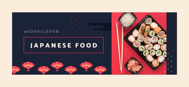 Plantilla de promoción de redes sociales de restaurante japonés plano con comida tradicional