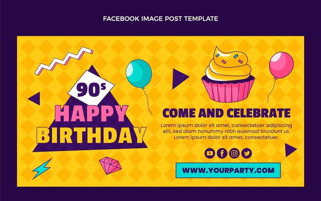 Plantilla de publicación de facebook de cumpleaños de los 90 dibujada a mano