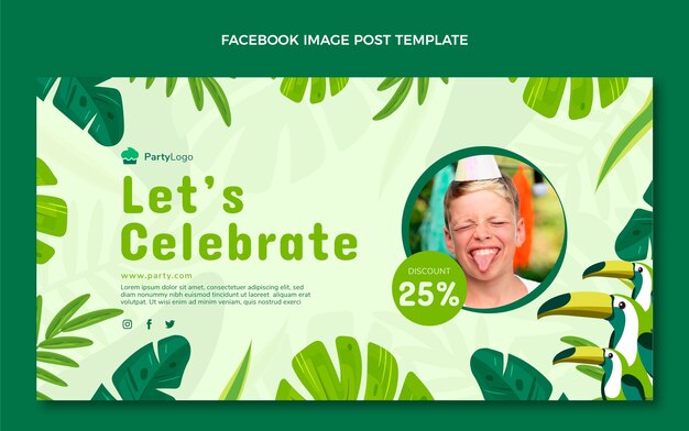 Plantilla de publicación de facebook de fiesta de cumpleaños de selva de diseño plano