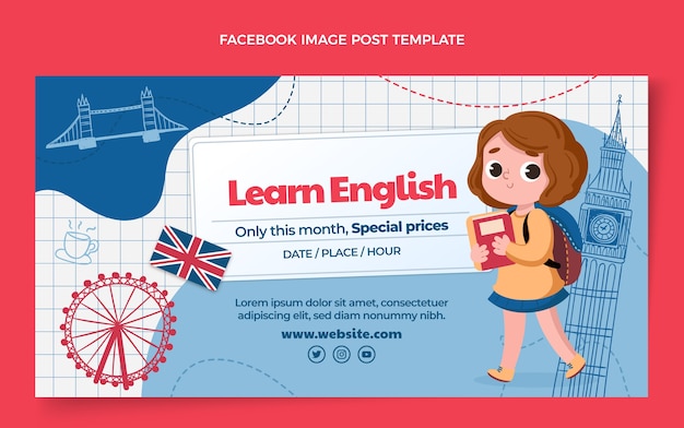 Vector gratuito plantilla de publicación de facebook de lecciones de inglés de diseño plano