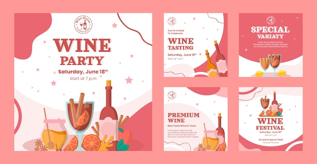 Vector gratuito plantilla de publicación de instagram de fiesta de vino dibujada a mano