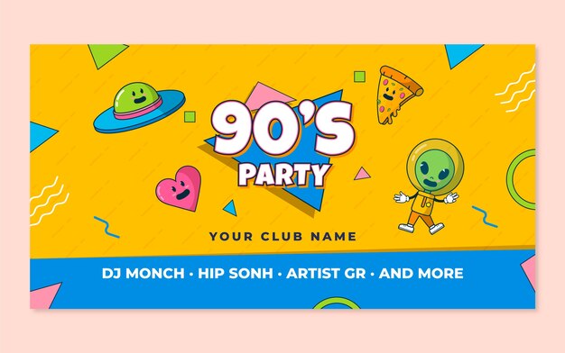 Plantilla de publicación de redes sociales de fiesta de los 90 de dibujos animados dibujados a mano
