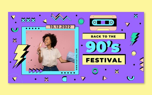 Plantilla de publicación de redes sociales de fiesta de los 90 plana y colorida