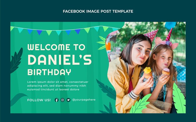 Plantilla de publicación de redes sociales de fiesta de cumpleaños de jungla plana