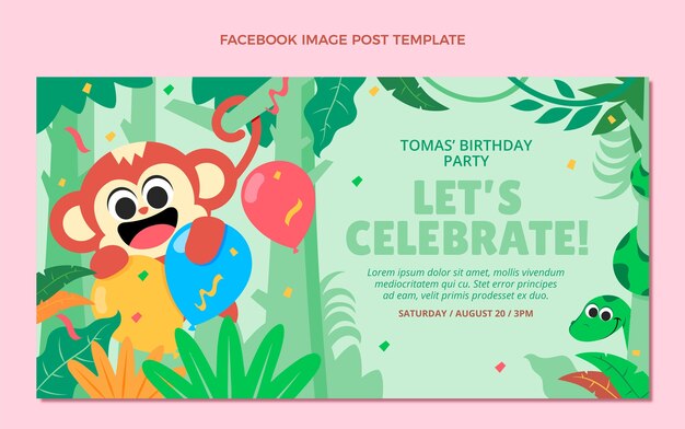 Plantilla de publicación de redes sociales de fiesta de cumpleaños de jungla plana