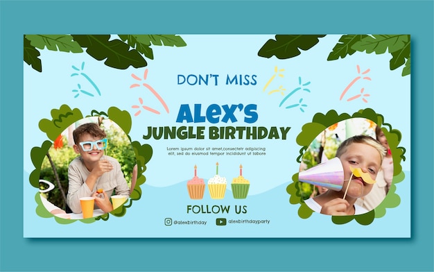 Vector gratuito plantilla de publicación de redes sociales de fiesta de cumpleaños de jungla plana