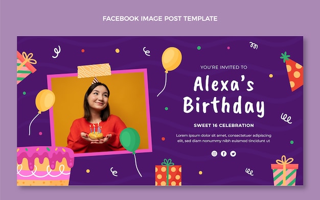 Plantilla de publicación de redes sociales de flat sweet dieciséis