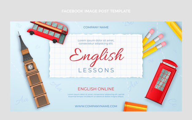 Vector gratuito plantilla de publicación de redes sociales de lecciones de inglés realistas