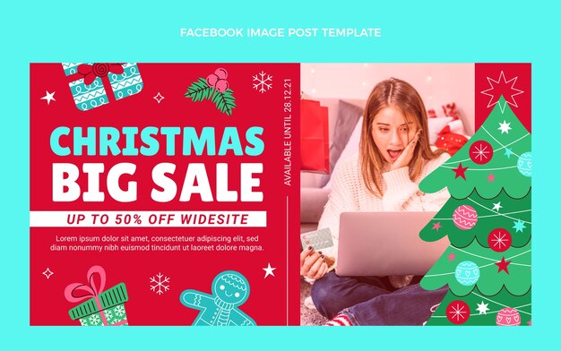 Plantilla de publicación de redes sociales de navidad plana dibujada a mano