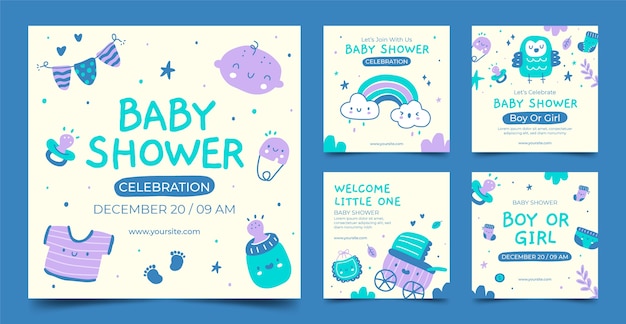 Plantilla de publicaciones de instagram de baby shower dibujada a mano