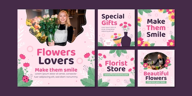 Vector gratuito plantilla de publicaciones de instagram de concepto de floristería