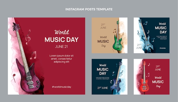 Plantilla de publicaciones de instagram del día mundial de la música en acuarela