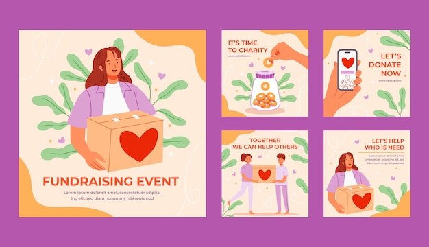 Vector gratuito plantilla de publicaciones de instagram para eventos de recaudación de fondos