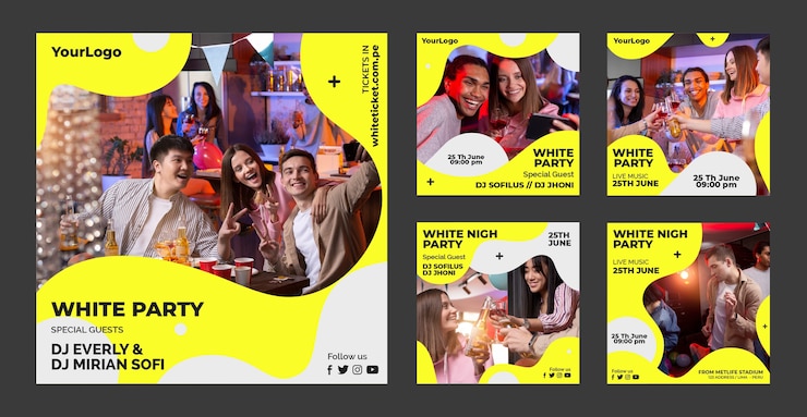 Vector gratuito plantilla de publicaciones de instagram de fiesta blanca de diseño plano