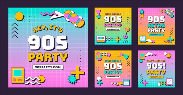Plantilla de publicaciones de instagram de fiesta retro de los años 90 de diseño plano