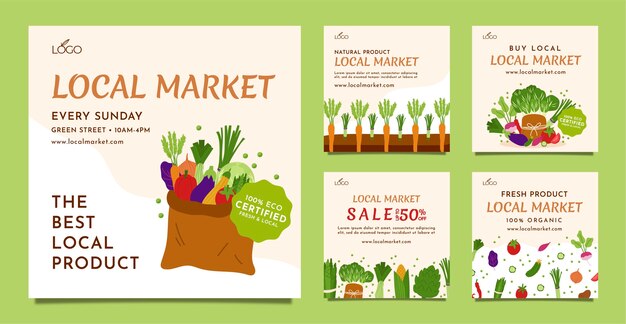 Plantilla de publicaciones de instagram de mercado local dibujada a mano
