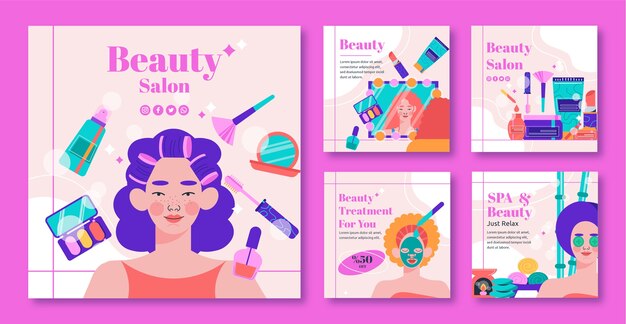 Vector gratuito plantilla de publicaciones de instagram de salón de belleza de diseño plano