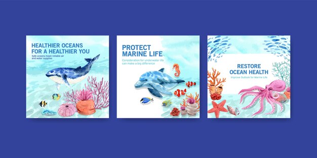 Plantilla de publicidad del concepto de protección del medio ambiente del día mundial de los océanos con ballenas y pulpos.