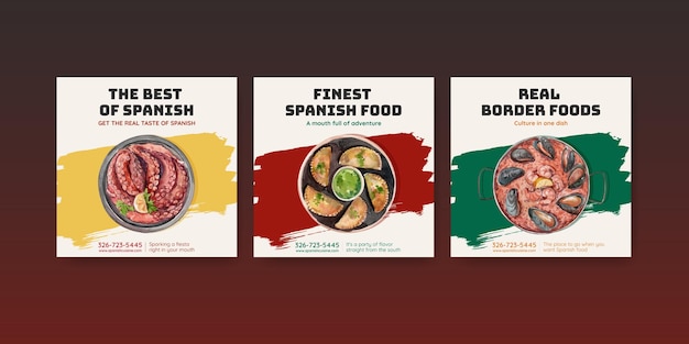 Plantilla de publicidad con diseño de concepto de cocina española para marketing ilustración acuarela