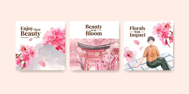 Plantilla de publicidad con diseño de concepto de flor de cerezo para negocios y marketing ilustración acuarela
