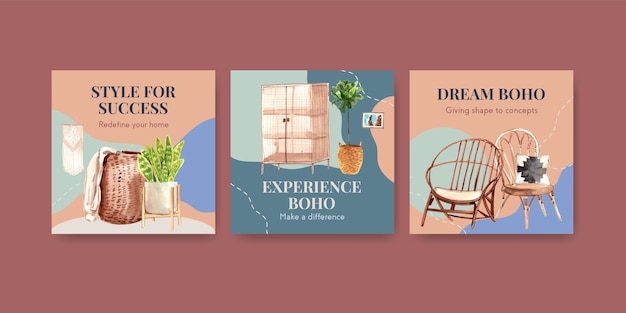 Vector gratuito plantilla de publicidad con diseño de concepto de muebles boho para marketing ilustración acuarela