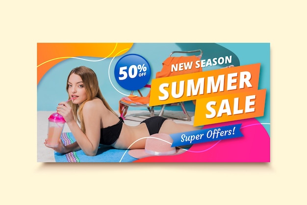 Vector gratuito plantilla realista de banner de rebajas de verano con foto