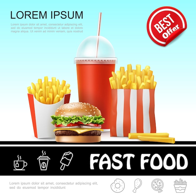 Vector gratuito plantilla realista de comida rápida con soda de papas fritas en vaso de papel y ilustración de hamburguesa con queso