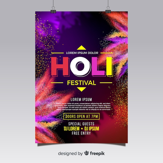 Vector gratuito plantilla realista de flyer de holi festival