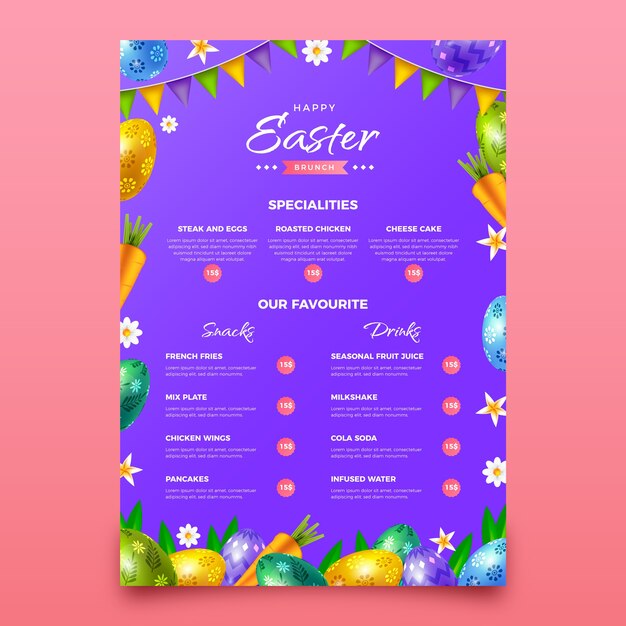 Plantilla realista de menú de brunch de pascua