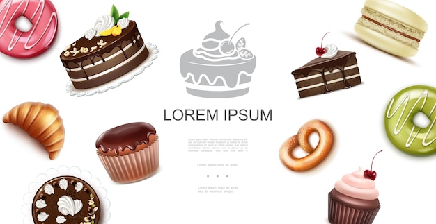 Plantilla realista de productos dulces y para hornear con pastel de muffin croissant macarrones donas cupcake pretzel ilustración