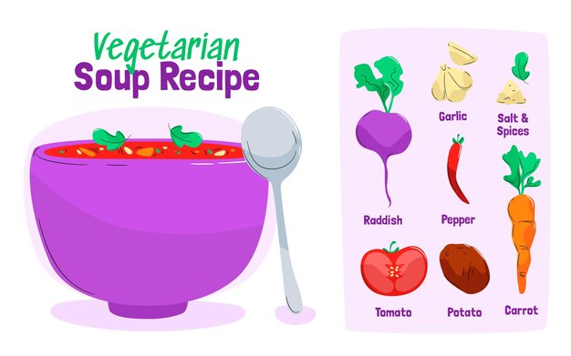 Plantilla de receta vegetariana dibujada a mano
