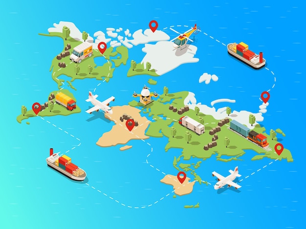 Plantilla de red logística global isométrica con camión, barco, avión, helicóptero, avión no tripulado, transporte de diferentes mercancías