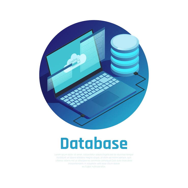 Vector gratuito plantilla redonda azul de base de datos con computadora portátil conectada a la red de computación en la nube