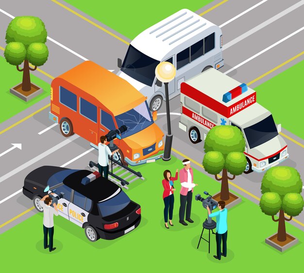 Plantilla de rodaje de reportaje isométrico con equipo de filmación haciendo un informe de la escena del accidente