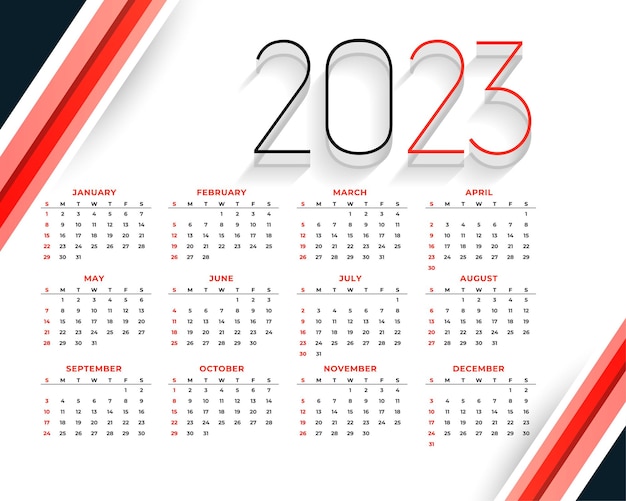 Vector gratuito plantilla roja de calendario comercial moderno 2023