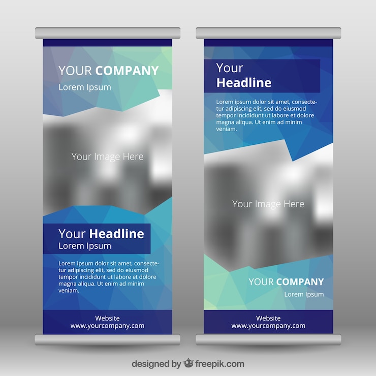 Vector gratuito plantilla de roll up poligonal en tonos azules