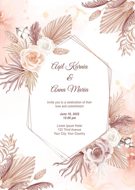 Plantilla rosada moderna de la invitación de la tarjeta de boda del estilo de Boho