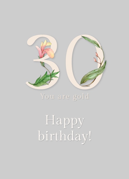 Plantilla de saludo de cumpleaños número 30 con ilustración de número floral