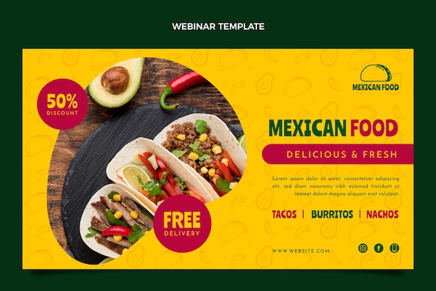 Vector gratuito plantilla de seminario web de comida mexicana de diseño plano