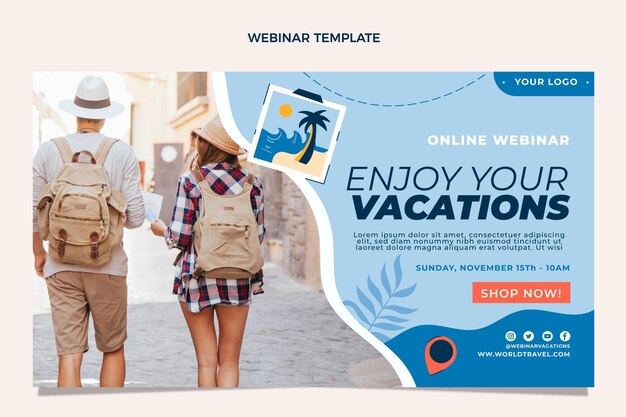 Vector gratuito plantilla de seminario web de viajes de diseño plano